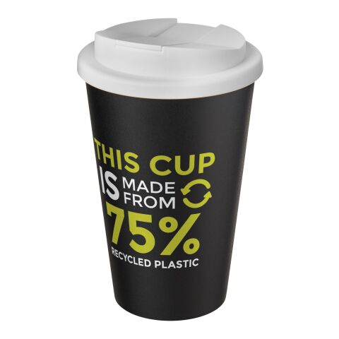 Nachhaltiger Werbeartikel Americano® Eco 350 ml recycelter Becher mit auslaufsicherem Deckel – weiss-schwarz – mit Logo bedruckt