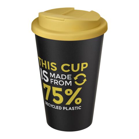 Nachhaltiger Werbeartikel Americano® Eco 350 ml recycelter Becher mit auslaufsicherem Deckel – gelb-schwarz – mit Logo bedruckt