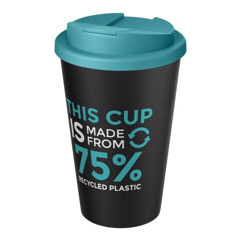 Nachhaltiger Werbeartikel Americano® Eco 350 ml recycelter Becher mit auslaufsicherem Deckel – aquablau-schwarz – mit Logo bedruckt