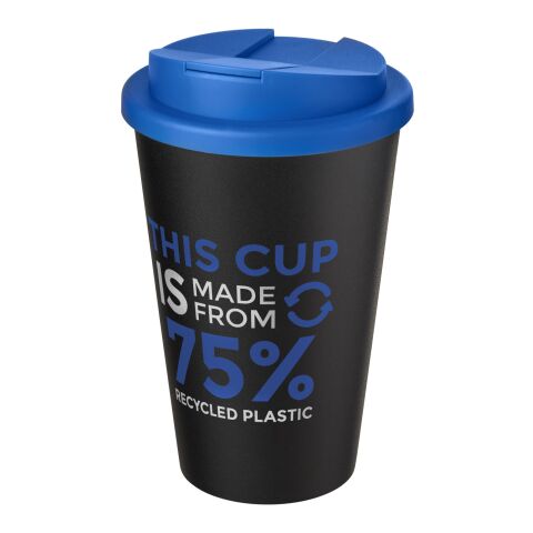 Nachhaltiger Werbeartikel Americano® Eco 350 ml recycelter Becher mit auslaufsicherem Deckel – mittelblau-schwarz – mit Logo bedruckt