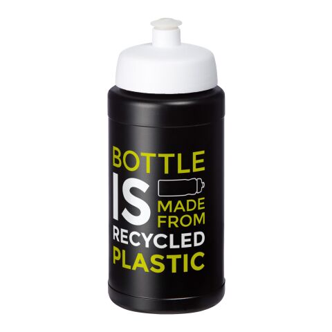 Werbeartikel Baseline 500 ml Sportflasche aus In-house recyceltem Kunststoff Made in UK mit Push-Pull-Verschluss – schwarz-weiss – mit Logo bedruckt