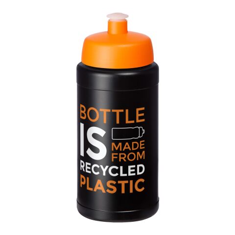 Nachhaltiger Werbeartikel Baseline 500 ml Sportflasche aus In-house recyceltem Kunststoff Made in UK mit Push-Pull-Verschluss – schwarz-orange – mit