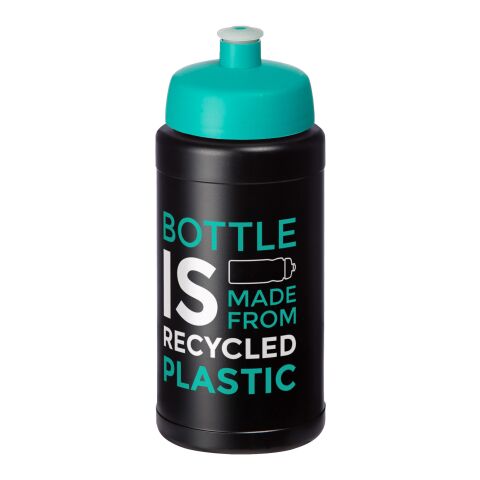 Nachhaltiger Werbeartikel Baseline 500 ml Sportflasche aus In-house recyceltem Kunststoff Made in UK mit Push-Pull-Verschluss – schwarz-aquablau – mit