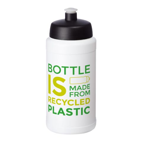 Nachhaltiger Werbeartikel Baseline 500 ml Sportflasche aus In-house recyceltem Kunststoff Made in UK mit Push-Pull-Verschluss – weiss-schwarz – mit