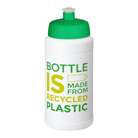 Nachhaltiger Werbeartikel Baseline 500 ml Sportflasche aus In-house recyceltem Kunststoff Made in UK mit Push-Pull-Verschluss – weiss-grün – mit Logo