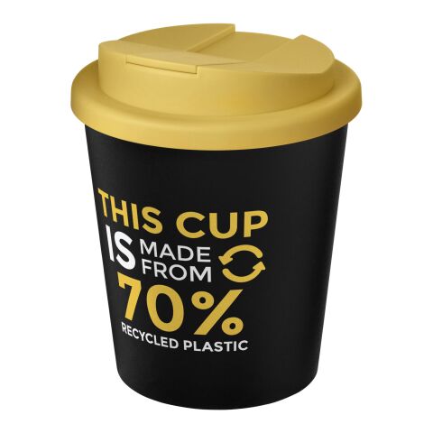 Nachhaltiger Werbeartikel Americano® Espresso Eco 250 ml recycelter Isolierbecher mit auslaufsicherem Deckel – schwarz-gelb – mit Logo bedruckt