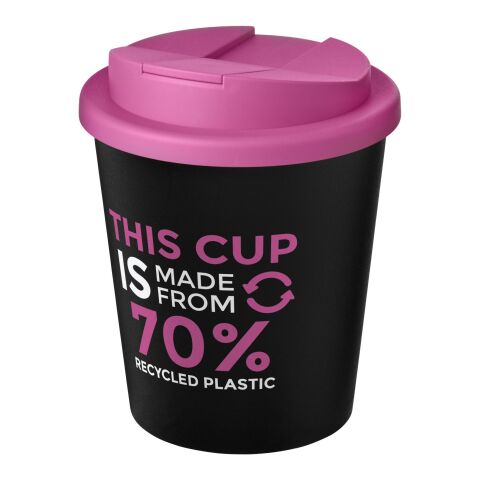 Nachhaltiger Werbeartikel Americano® Espresso Eco 250 ml recycelter Isolierbecher mit auslaufsicherem Deckel – schwarz-magenta – mit Logo bedruckt