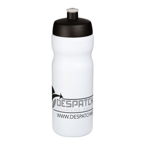 Werbeartikel Baseline® Plus 650 ml Sportflasche einwandig Made in UK mit auslaufsicherem Push-Pull-Deckel & Griffzone – weiss-schwarz – mit Logo
