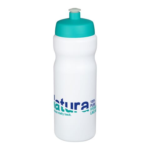 Werbeartikel Baseline® Plus 650 ml Sportflasche einwandig Made in UK mit auslaufsicherem Push-Pull-Deckel & Griffzone – weiss-aquablau – mit Logo