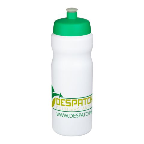 Werbeartikel Baseline® Plus 650 ml Sportflasche einwandig Made in UK mit auslaufsicherem Push-Pull-Deckel & Griffzone – weiss-grün – mit Logo bedruckt