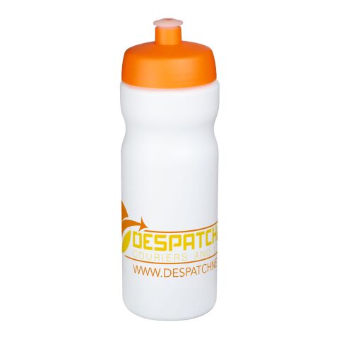 Werbeartikel Baseline® Plus 650 ml Sportflasche einwandig Made in UK mit auslaufsicherem Push-Pull-Deckel & Griffzone – weiss-orange – mit Logo