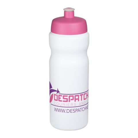Werbeartikel Baseline® Plus 650 ml Sportflasche einwandig Made in UK mit auslaufsicherem Push-Pull-Deckel & Griffzone – weiss-rosa – mit Logo bedruckt