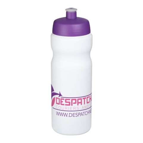 Werbeartikel Baseline® Plus 650 ml Sportflasche einwandig Made in UK mit auslaufsicherem Push-Pull-Deckel & Griffzone – weiss-lila – mit Logo bedruckt