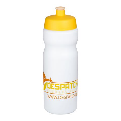Werbeartikel Baseline® Plus 650 ml Sportflasche einwandig Made in UK mit auslaufsicherem Push-Pull-Deckel & Griffzone – weiss-gelb – mit Logo bedruckt