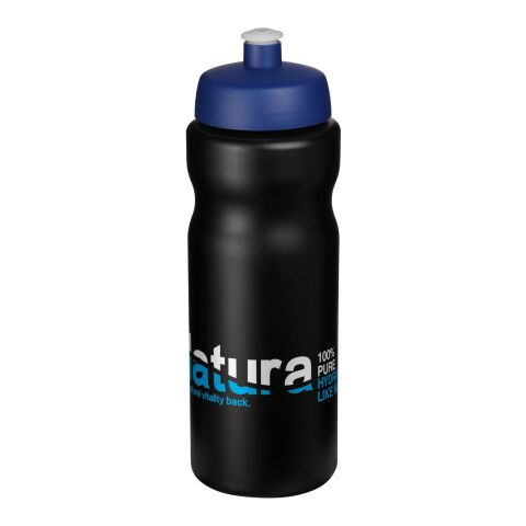 Werbeartikel Baseline® Plus 650 ml Sportflasche einwandig Made in UK mit auslaufsicherem Push-Pull-Deckel & Griffzone – schwarz-blau – mit Logo