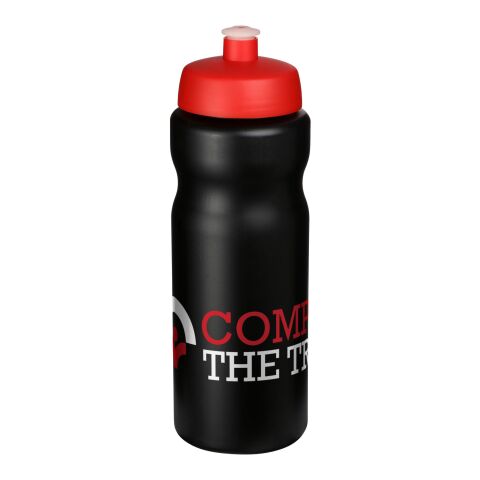 Werbeartikel Baseline® Plus 650 ml Sportflasche einwandig Made in UK mit auslaufsicherem Push-Pull-Deckel & Griffzone – schwarz-rot – mit Logo