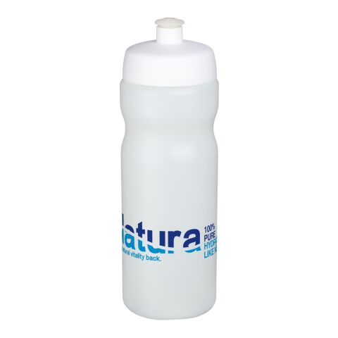 Werbeartikel Baseline® Plus 650 ml Sportflasche einwandig Made in UK mit auslaufsicherem Push-Pull-Deckel & Griffzone – transparent-weiss – mit Logo