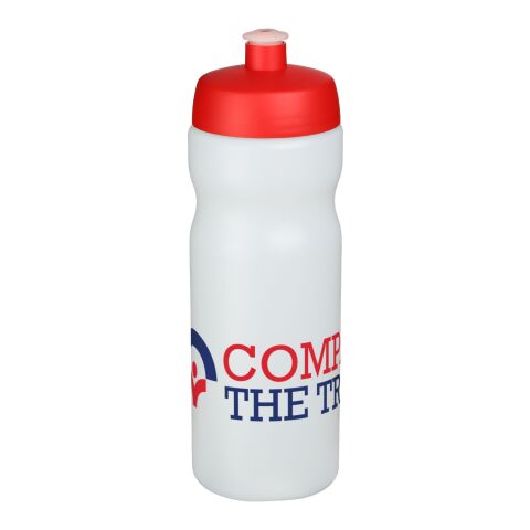 Werbeartikel Baseline® Plus 650 ml Sportflasche einwandig Made in UK mit auslaufsicherem Push-Pull-Deckel & Griffzone – transparent-rot – mit Logo