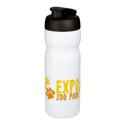 Werbeartikel Baseline® Plus 650 ml Sportflasche einwandig mit auslaufsicherem Klappdeckel Made in UK – weiss-schwarz – mit Logo bedruckt