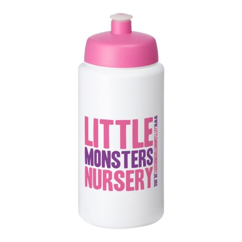 Werbeartikel Baseline Plus Grip Sport Trinkflasche 500 ml HDPE Push-Pull Sportdeckel einwandig hergestellt in UK BPA-frei – weiss-rosa – mit Logo