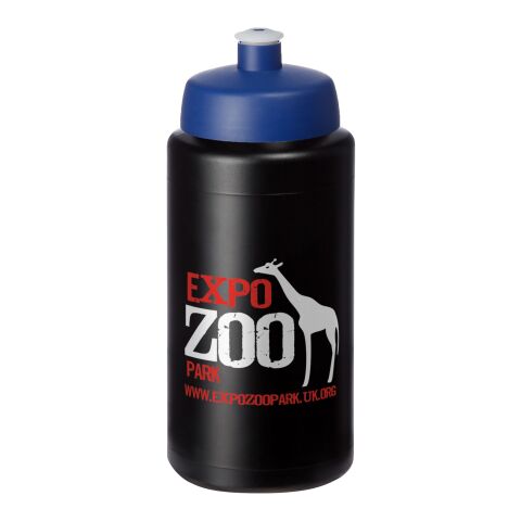 Werbeartikel Baseline Plus Grip Sport Trinkflasche 500 ml HDPE Push-Pull Sportdeckel einwandig hergestellt in UK BPA-frei – schwarz-blau – mit Logo