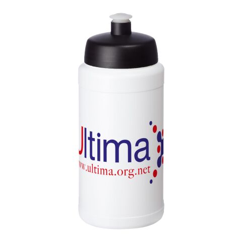 Werbeartikel Baseline® Plus 500 ml Sportflasche einwandig Made in UK mit auslaufsicherem Push-Pull-Deckel & Griffzone – weiss-schwarz – mit Logo