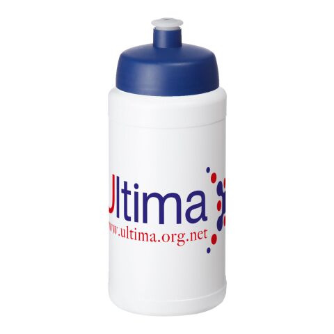 Werbeartikel Baseline® Plus 500 ml Flasche mit Sportdeckel – weiss-blau – mit Logo bedruckt