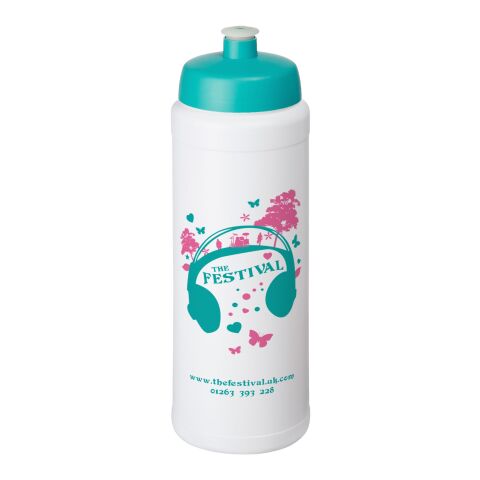 Werbeartikel Baseline® Plus grip Sportflasche 750ml auslaufsicher einwandig Fingergriff-Design Push-Pull-Tülle – weiss-aquablau – mit Logo bedruckt