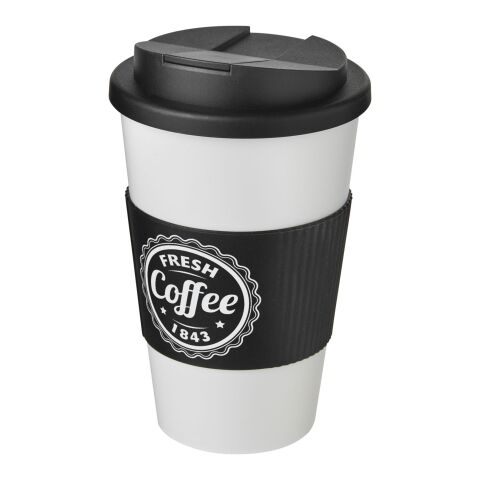 Nachhaltiger Werbeartikel Americano® 350 ml Isolierbecher mit Schutzring & auslaufsicherem Schraubverschluss – weiss-schwarz – mit Logo bedruckt