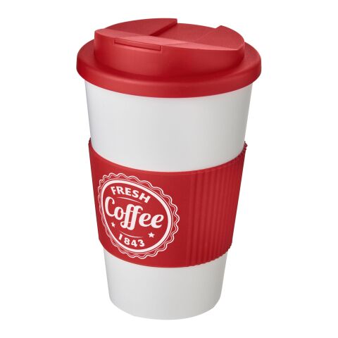 Nachhaltiger Werbeartikel Americano® 350 ml Isolierbecher mit Schutzring & auslaufsicherem Schraubverschluss – transparent-rot – mit Logo bedruckt
