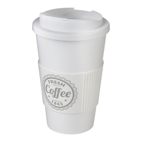 Nachhaltiger Werbeartikel Americano® 350 ml Isolierbecher mit Schutzring & auslaufsicherem Schraubverschluss – Weiss – mit Logo bedruckt