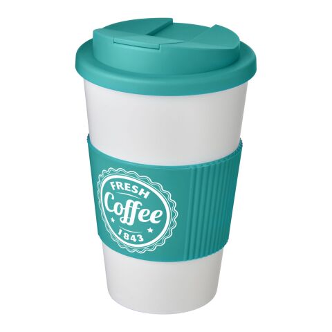 Nachhaltiger Werbeartikel Americano® 350 ml Isolierbecher mit Schutzring & auslaufsicherem Schraubverschluss – weiss-aquablau – mit Logo bedruckt