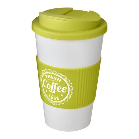 Nachhaltiger Werbeartikel Americano® 350 ml Isolierbecher mit Schutzring & auslaufsicherem Schraubverschluss – weiss-limone – mit Logo bedruckt