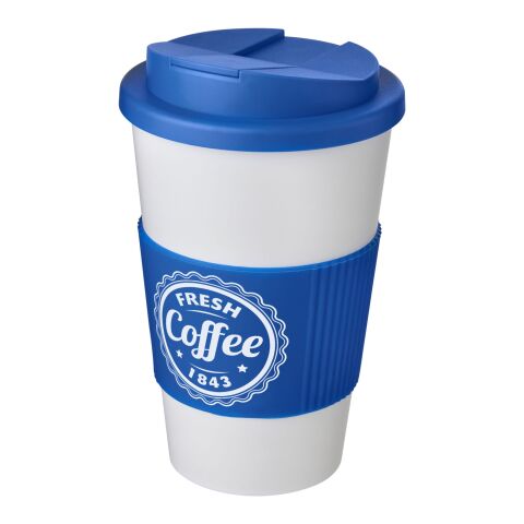 Nachhaltiger Werbeartikel Americano® 350 ml Isolierbecher mit Schutzring & auslaufsicherem Schraubverschluss – weiss-mittelblau – mit Logo bedruckt