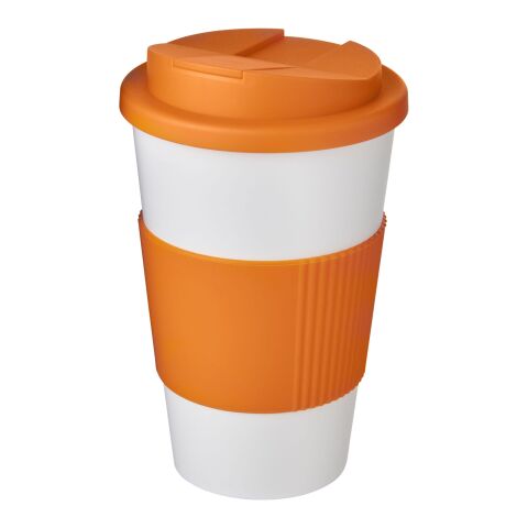 Nachhaltiger Werbeartikel Americano® 350 ml Isolierbecher mit Schutzring & auslaufsicherem Schraubverschluss – weiss-orange – mit Logo bedruckt