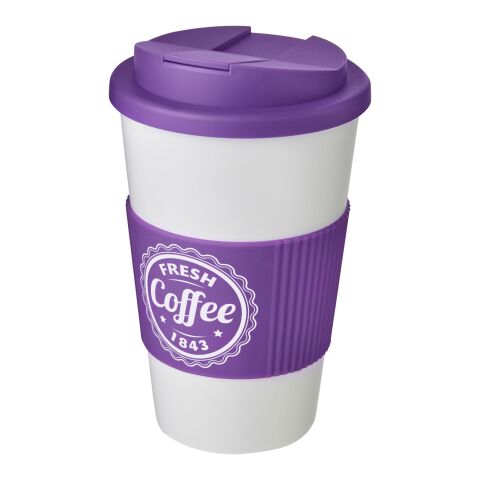 Nachhaltiger Werbeartikel Americano® 350 ml Isolierbecher mit Schutzring & auslaufsicherem Schraubverschluss – weiss-lila – mit Logo bedruckt
