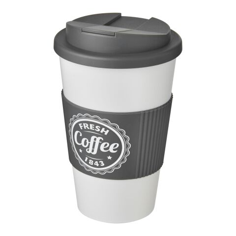 Nachhaltiger Werbeartikel Americano® 350 ml Isolierbecher mit Schutzring & auslaufsicherem Schraubverschluss – weiss-grau – mit Logo bedruckt