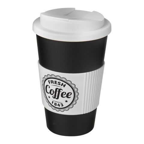 Nachhaltiger Werbeartikel Americano® 350 ml Isolierbecher mit Schutzring & auslaufsicherem Schraubverschluss – schwarz-weiss – mit Logo bedruckt