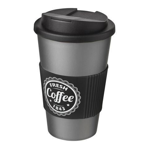 Americano® 350 ml Isolierbecher mit Schutzring &amp; auslaufsicherem Schraubverschluss silber-schwarz | 1-farbiger Siebdruck | rundum | 228 mm x 73 mm