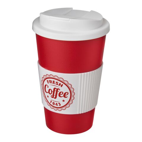 Nachhaltiger Werbeartikel Americano® 350 ml Isolierbecher mit Schutzring & auslaufsicherem Schraubverschluss – rot-weiss – mit Logo bedruckt