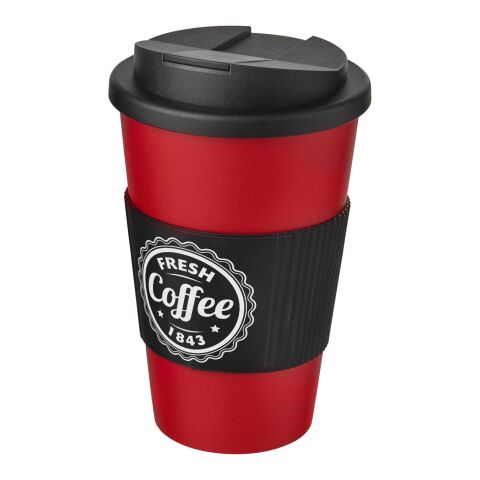 Nachhaltiger Werbeartikel Americano® 350 ml Isolierbecher mit Schutzring & auslaufsicherem Schraubverschluss – rot-schwarz – mit Logo bedruckt