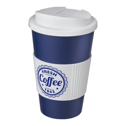 Nachhaltiger Werbeartikel Americano® 350 ml Isolierbecher mit Schutzring & auslaufsicherem Schraubverschluss – blau-weiss – mit Logo bedruckt