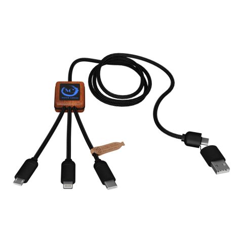 SCX.design C38 5-in-1 Ladekabel aus rPET in quadratischem Bambusgehäuse mit Leuchtlogo Standard | blau-holz | ohne Werbeanbringung | Nicht verfügbar | Nicht verfügbar