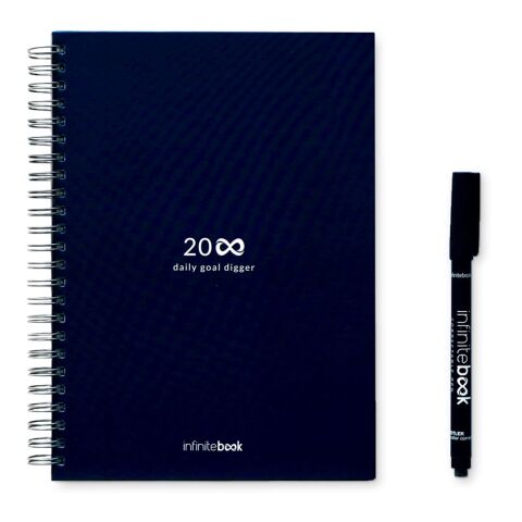 Werbeartikel STARTER KIT INFINITE PLANNER A5. Set bestehend aus einem "Infinity Tagebuch", Reinigungsset, Marker und Markerhalter – Dunkelblau – mit
