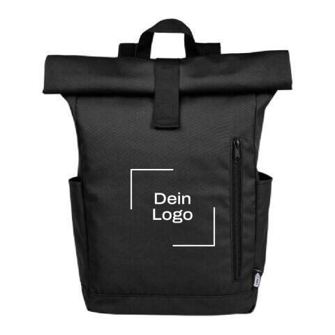 48h Express-Druck Werbeartikel Byron 15,6" GRS Recycled PET Roll-Top Rucksack 18 L – schwarz – mit Logo bedruckt