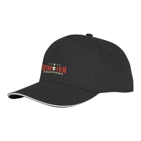 Ceto Cap mit 5 Segmenten und Sandwichschirm Priority | Schwarz | Digital DTF Transfer | Vorderseite | 110 mm x 40 mm | 100