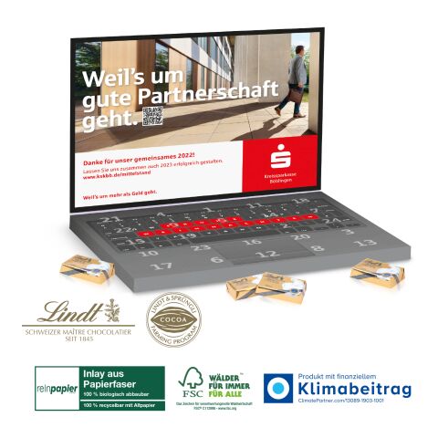 Adventskalender „Laptop“ Lindt Organic mit Lindt Schokotäfelchen bunt | 4C Digital-/Offsetdruck