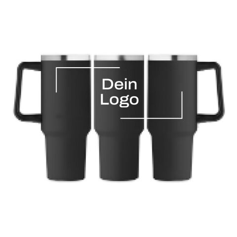 Werbeartikel 1200 ml Doppelwandiger Trinkbecher, Thermobecher aus recyceltem Edelstahl mit integriertem Trinkhalm & Griff – schwarz – mit Logo