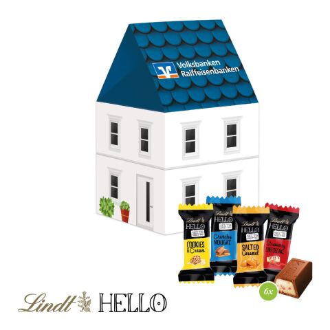 Werbeartikel 3D Präsent "Haus" mit Lindt Lindor Pralinés – bunt – mit Logo bedruckt