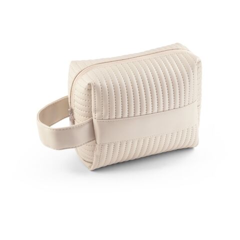 Nachhaltiger Werbeartikel GILI. Kulturbeutel aus PU (21% recyceltes PU und 30% recyceltes Polyester) – Beige – mit Logo bedruckt